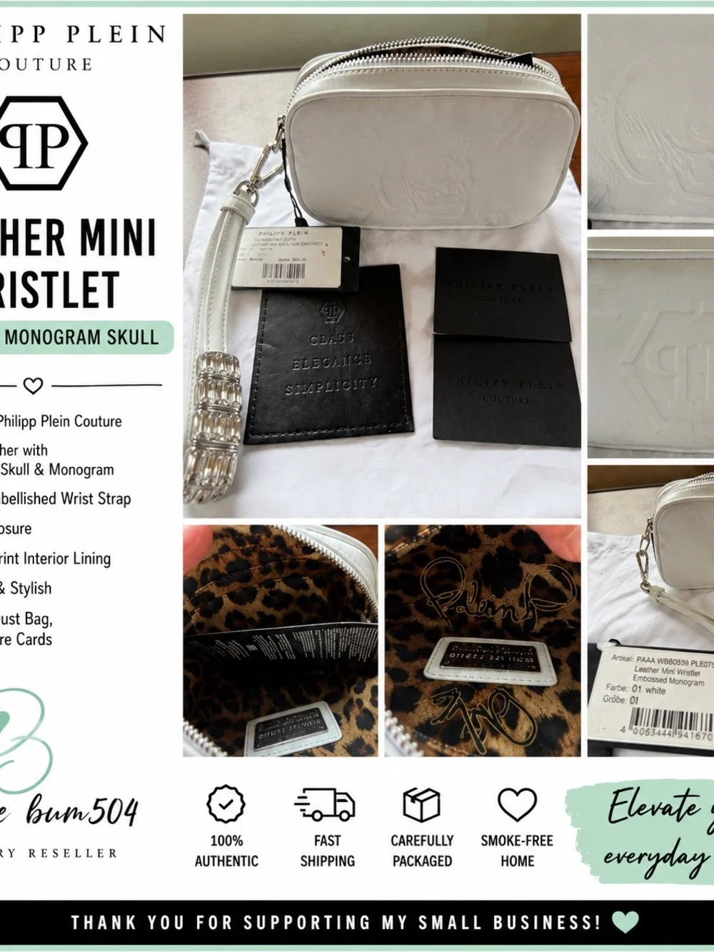 Philipp Plein White Leather Embossed Skull Wristlet NWT Crystal Strap